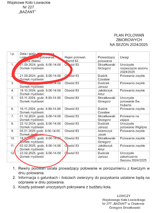 kalendarzyk polowań - zbiorówki odbywające się we wrześniu i w lutym