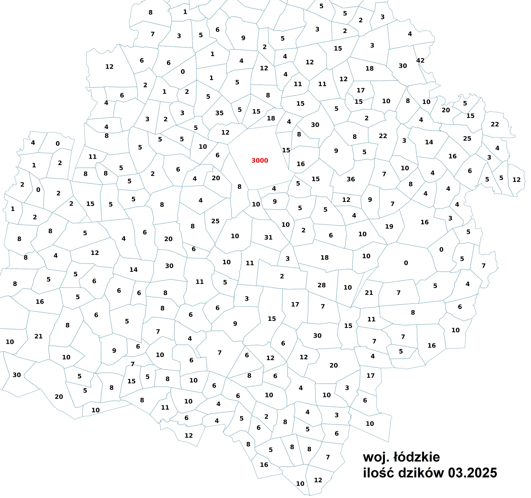 oficjalna liczebność dzików w obwodach łowieckich w woj. łódzkim