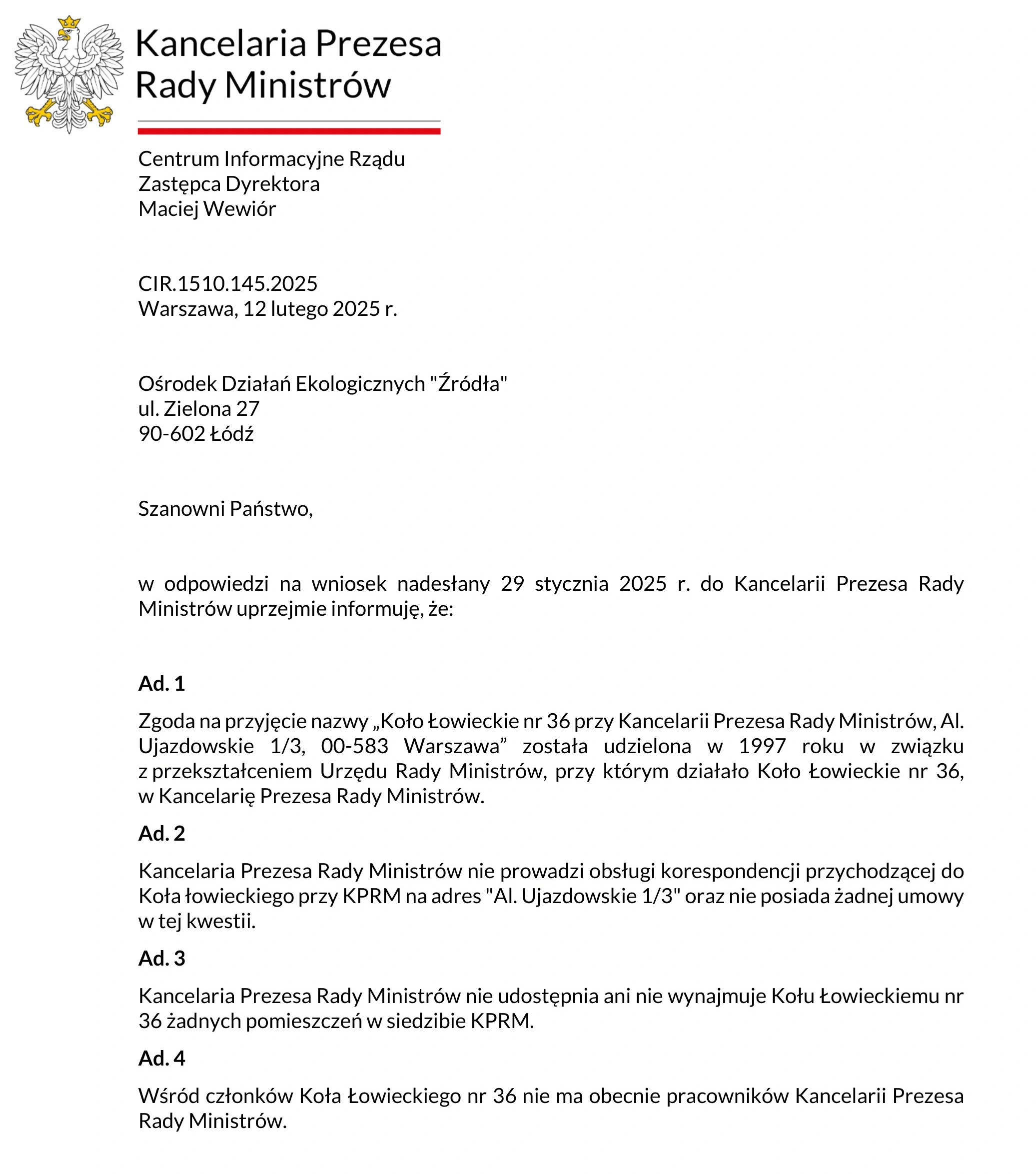 pismo Centrum Informacyjnego Rządu z 12.02.2025