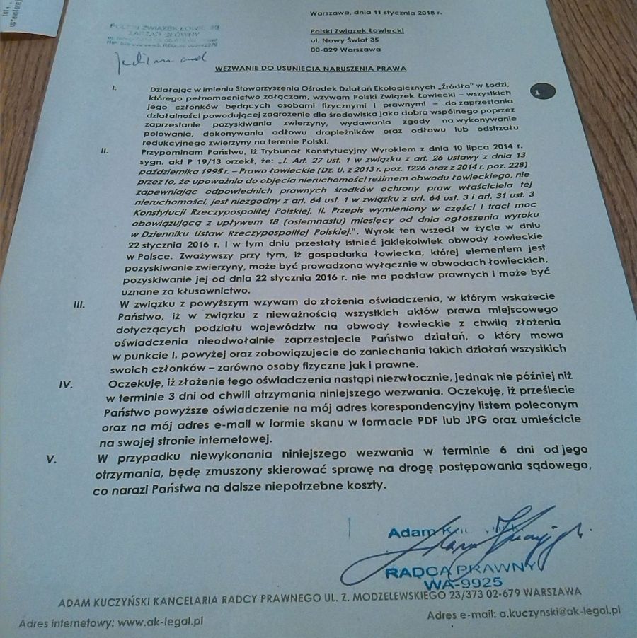Wezwanie do zaprzestania wykonywania polowań